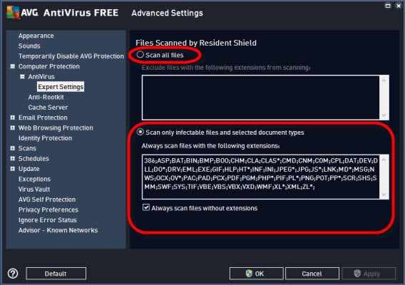 AVG settings - antivirus - expert settings AVG settings - antivirus - expert settings