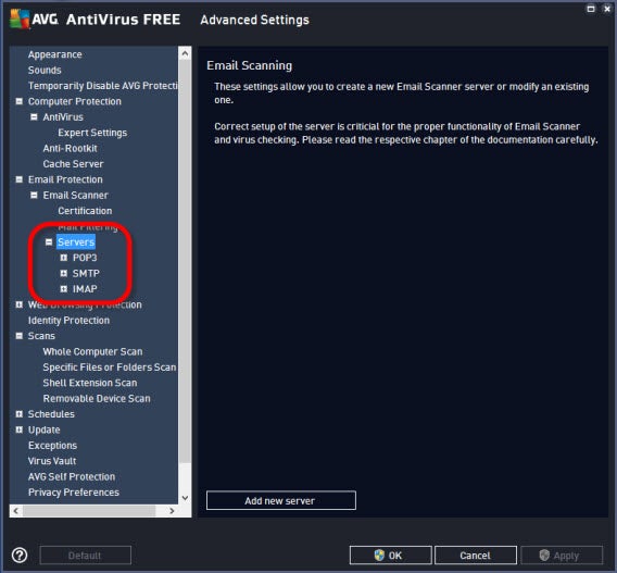 AVG settings - email protection - email scanner - servers AVG settings - email protection - email scanner - servers