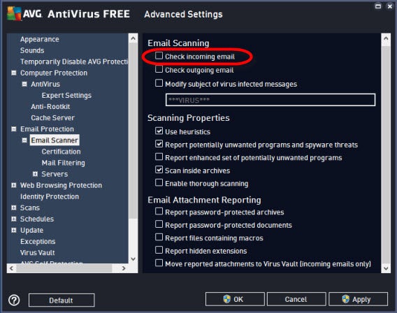 AVG settings - email protection - email scanner webmail AVG settings - email protection - email scanner webmail