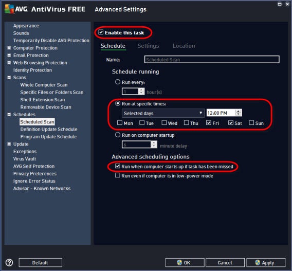AVG settings - schedules - scheduled scan AVG settings - schedules - scheduled scan