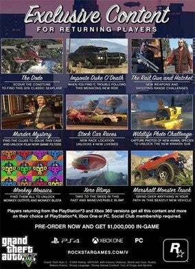 Grand Theft Auto V: Exklusive Inhalte für Spieler beim Umstieg auf GTA 5 für PC, PlayStation 4 und Xbox One