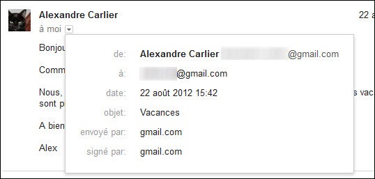 Gmail, infos supplémentaires sur l'email reçu