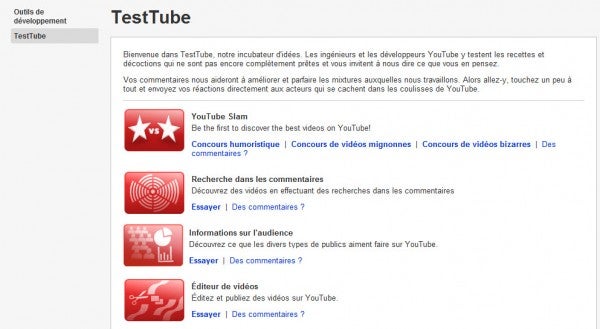 Page de tests de YouTube
