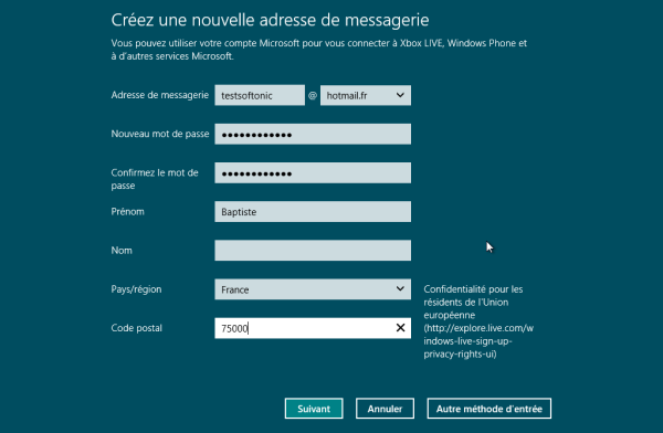Windows 8 création d'un compte Windows Live Softonic