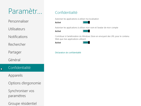 Panneau de Configuration Windows 8 Confidentialité