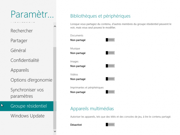 Panneau de Configuration Windows 8 Groupe résidentiel
