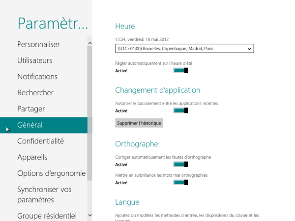 Panneau de Configuration Windows 8 Général