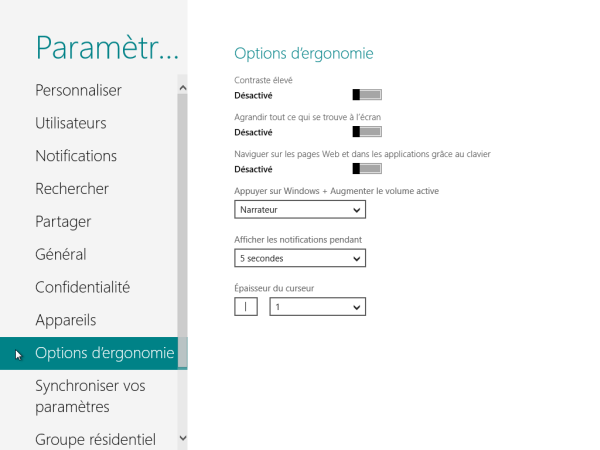 Panneau de Configuration Windows 8 Options d'ergonomie