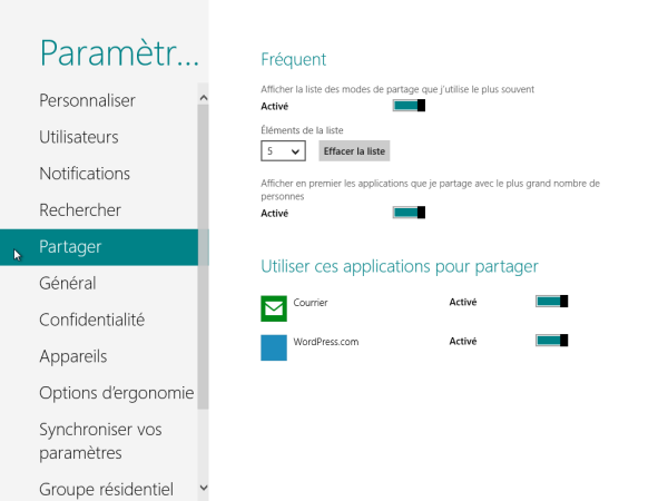 Panneau de Configuration Windows 8 Partager