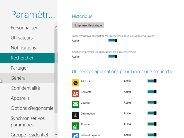 Panneau de Configuration Windows 8 Rechercher