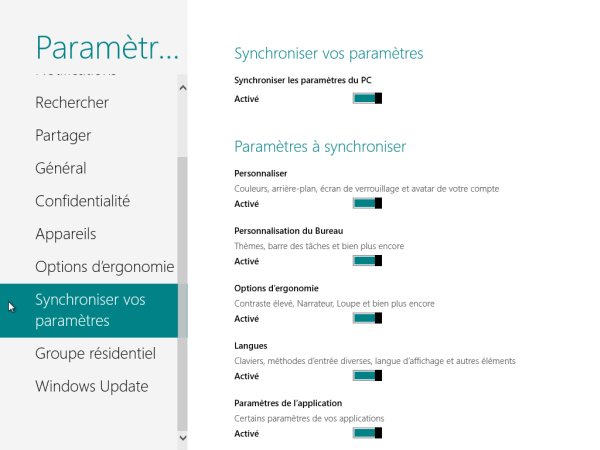 Panneau de Configuration Windows 8 Synchroniser paramètres