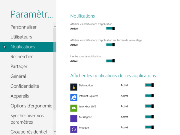 Panneau de Configuration Windows 8 Notifications