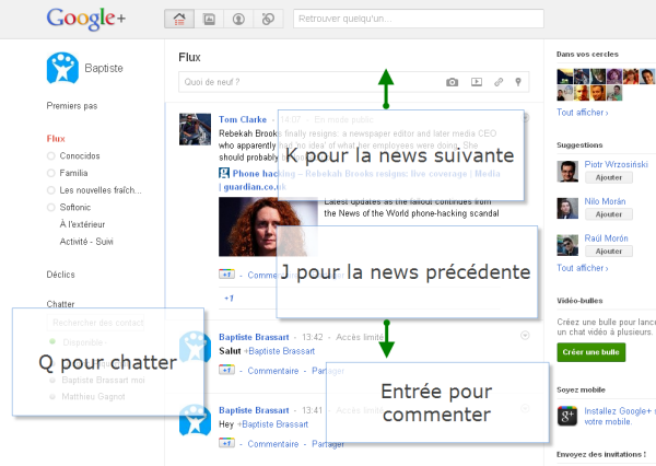 Naviguer avec le clavier dans Google+