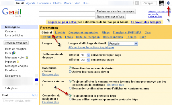 Activer le protocole HTTPS GMail