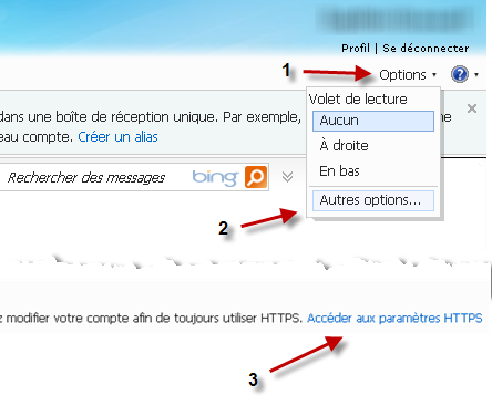 Activer depuis les options Hotmail HTTPS