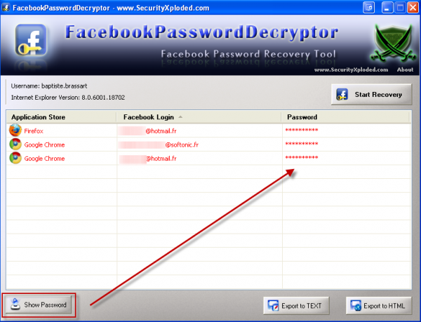 un simple clic sur "Show Password" permet de déchiffrer tous les mots de passe Facebook enregistrés dans le navigateur