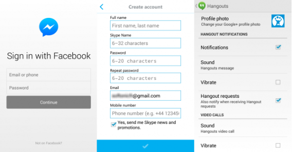 Comparatif Inscription FB Messenger, Skype et Hangouts