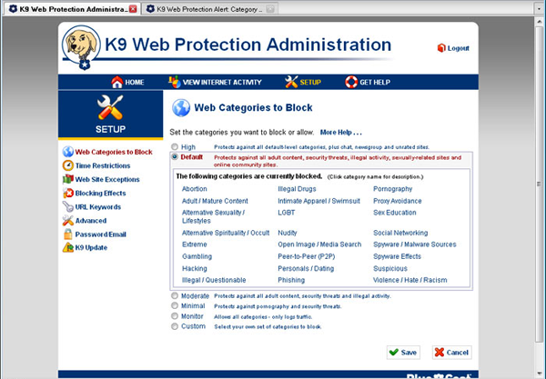 Réglages des paramètres de filtrage K9 Web Protection