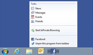 Un exemple de site épinglé avec Internet Explorer 9, ici Facebook
