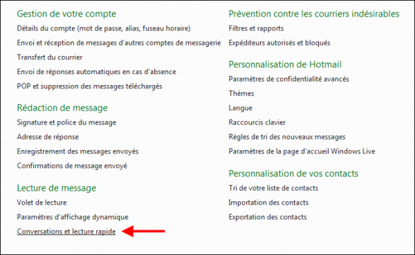 Hotmail, option Lecture rapide