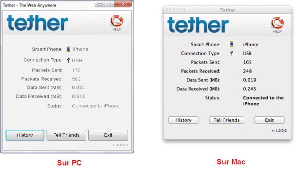Interface d'iTether sur PC et Mac