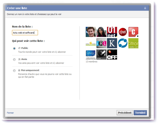 Facebook - liste d'intérêt - choisir le nom
