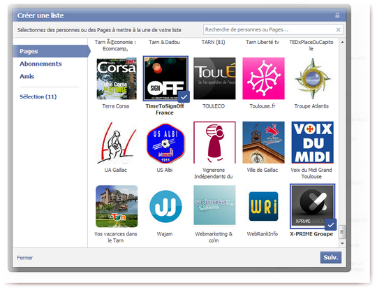 Facebook - liste d'intérêt - sélectionner