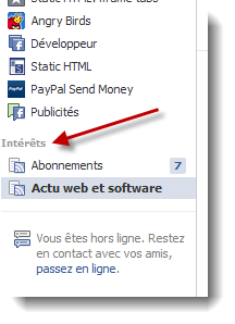 Facebook - liste d'intérêt - barre latérale