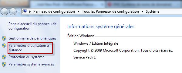 Panneau de configuration Connexion Bureau à distance