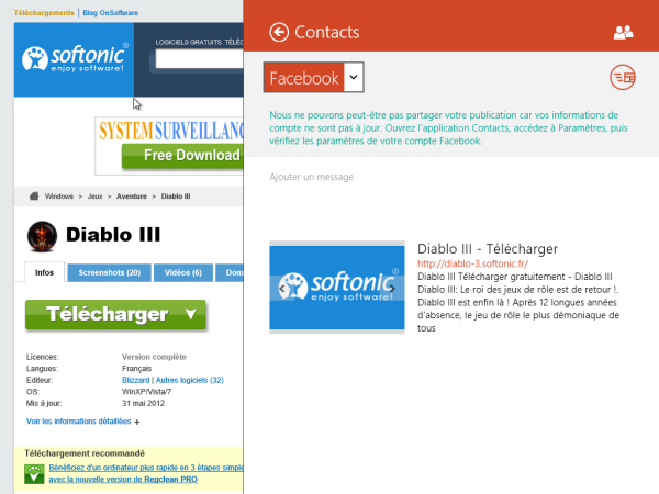 Partage de contenus depuis l'option Partager