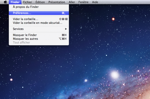 Menu Préférences dans le Finder