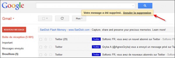 Gmail, annuler la suppression d'un message