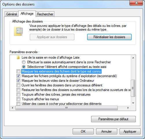 Masquer les extensions de fichiers