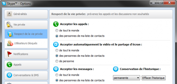 Skype, paramètres de vie privée