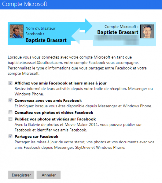Paramètres de l'association de Facebook avec le compte Microsoft