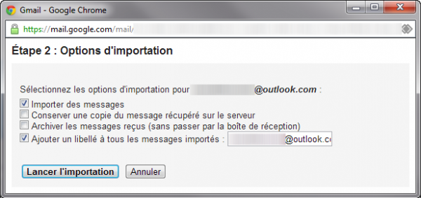 Options d'importation Gmail