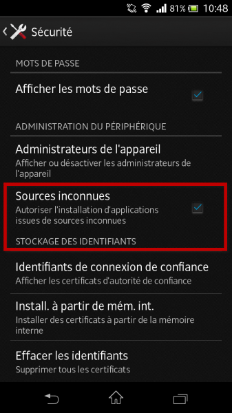 android sources inconnues