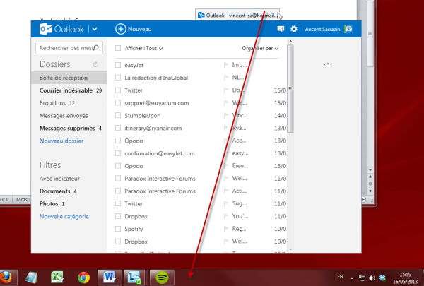faire glisser l'onglet outlook.com vers la barre des tâches