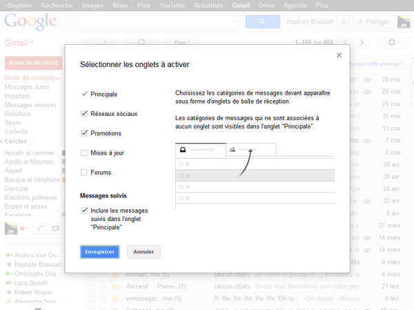 Gmail: Sélection des onglets 
