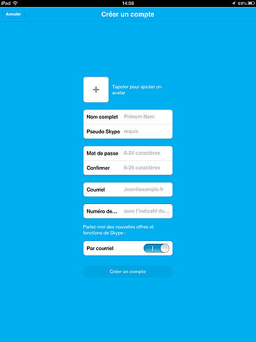 Créer un compte Skype - iPhone - iPad - Formulaire