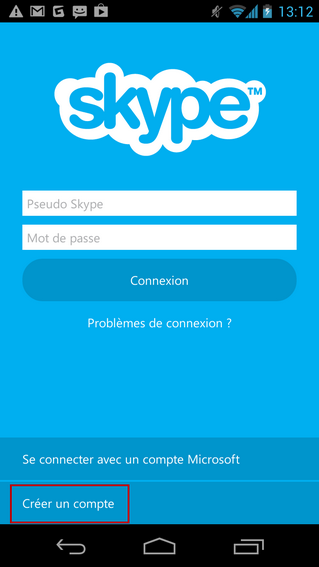 Créer un compte Skype via Android