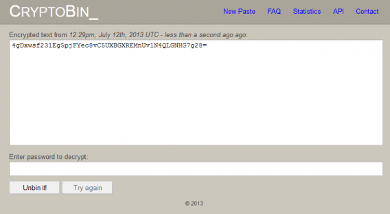 CryptoBin,  va chiffrer le texte avec une clé impossible à contourner