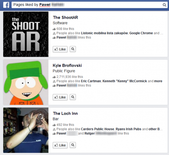Pages likées par Pawel Facebook Graph Search