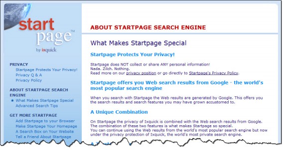 Startpage - page d'information sur le projet