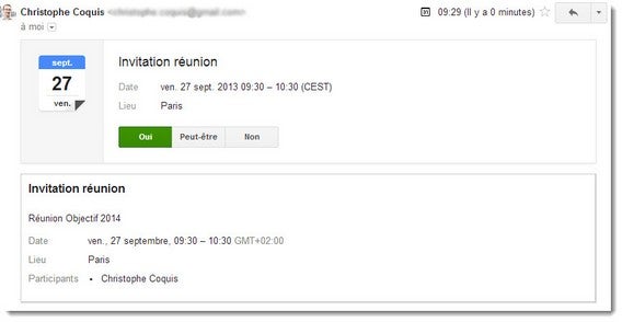 Envoyer une invitation - Message reçu dans Gmail
