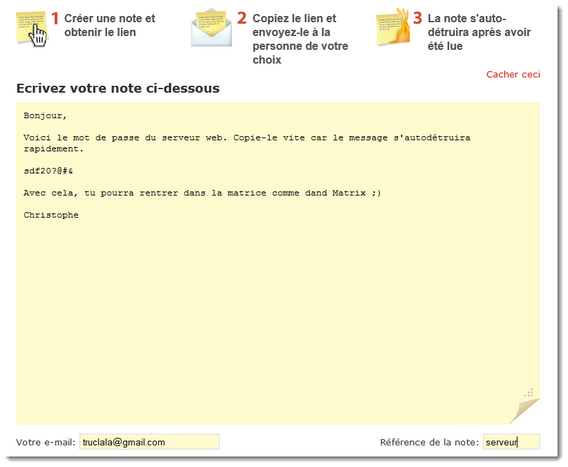 Privnote création de la note