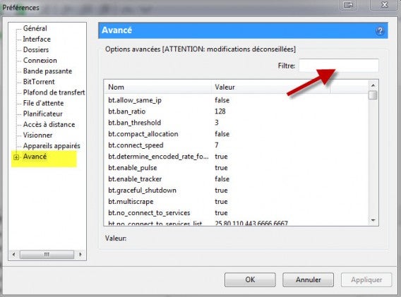 uTorrent Option Avancé