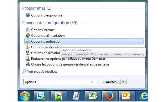 Menu options d'indexation
