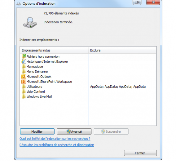 Options d'indexation