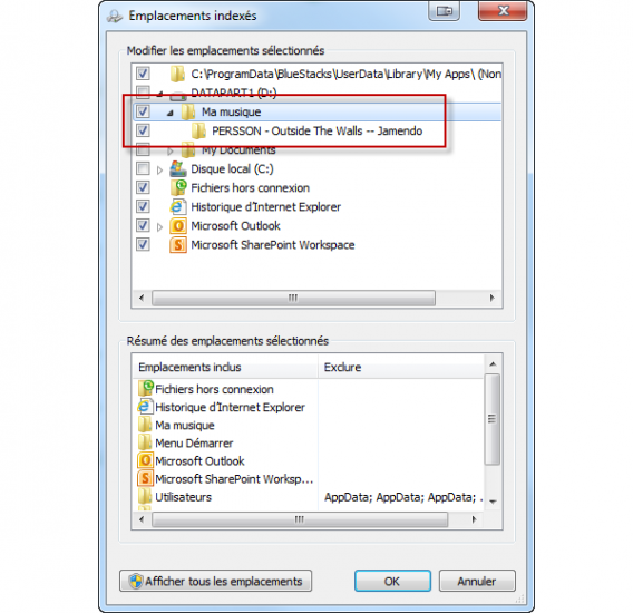 Ajouter un dossier dans Options d'indexation